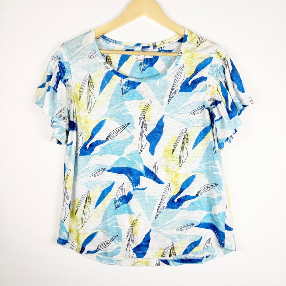 Chico's 100% Linen Floral Shirt Womens Size 2 L Tropical Vacation Resort Summer